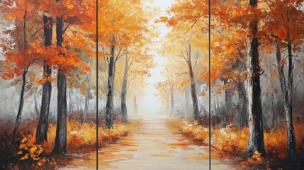 Set of 3 wall art panels with calming autumn forest path abstract oil painting, close up, split into three on white background