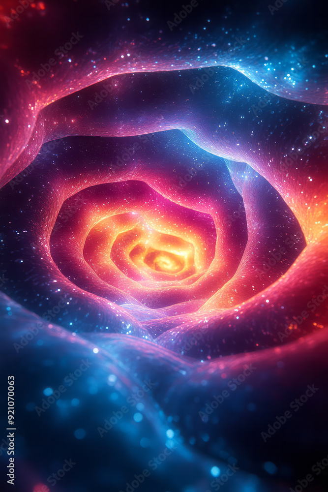 Poster Concentric neon rings alternating between cyan and magenta, creating a balanced, symmetrical pattern on a dark canvas,