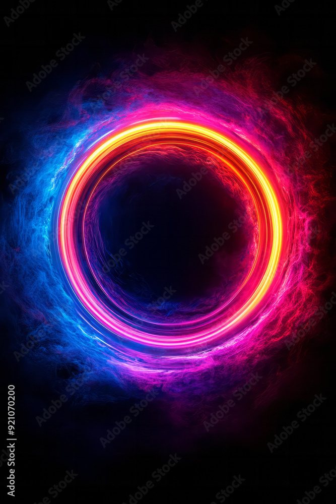 Fototapete concentric neon rings alternating between cyan and magenta, creating a balanced, symmetrical pattern