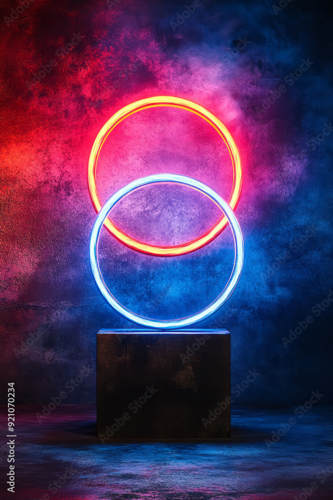 Poster Concentric neon rings alternating between cyan and magenta, creating a balanced, symmetrical pattern on a dark canvas,