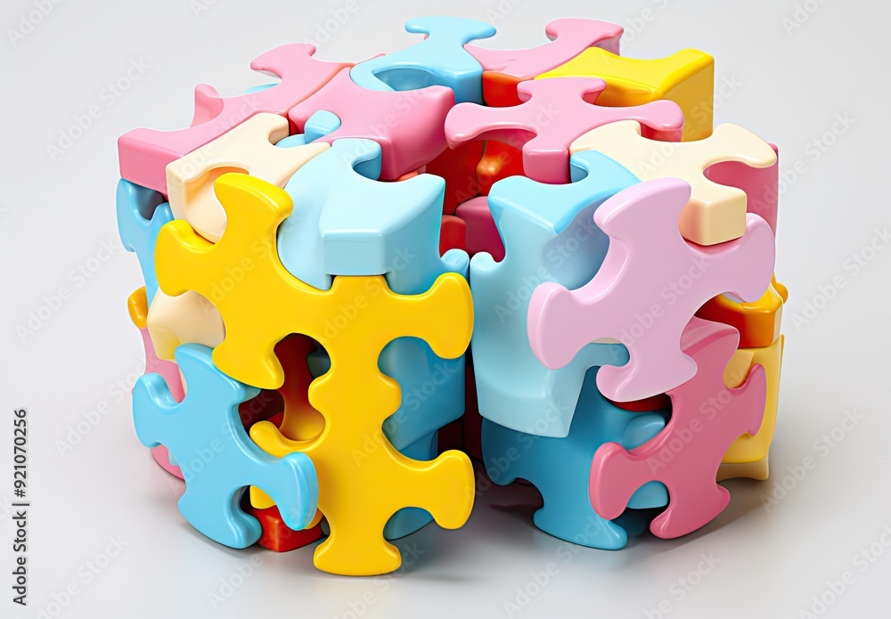 Poster a colorful arrangement of interlocking puzzle pieces forming a 3d structure.