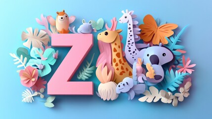 Fototapeta premium Letter Z: Paper cut style illustration, colorful 3D whimsical, text 