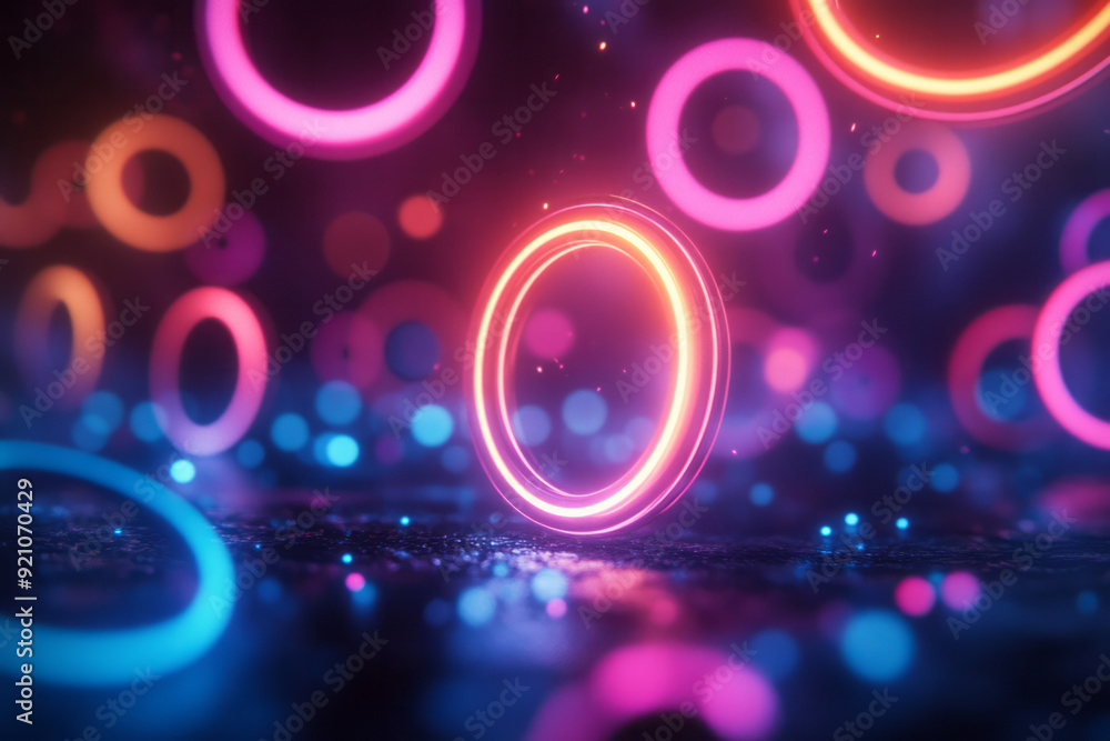 Poster a symmetrical arrangement of small and large neon rings in cyan and magenta, floating against a jet-