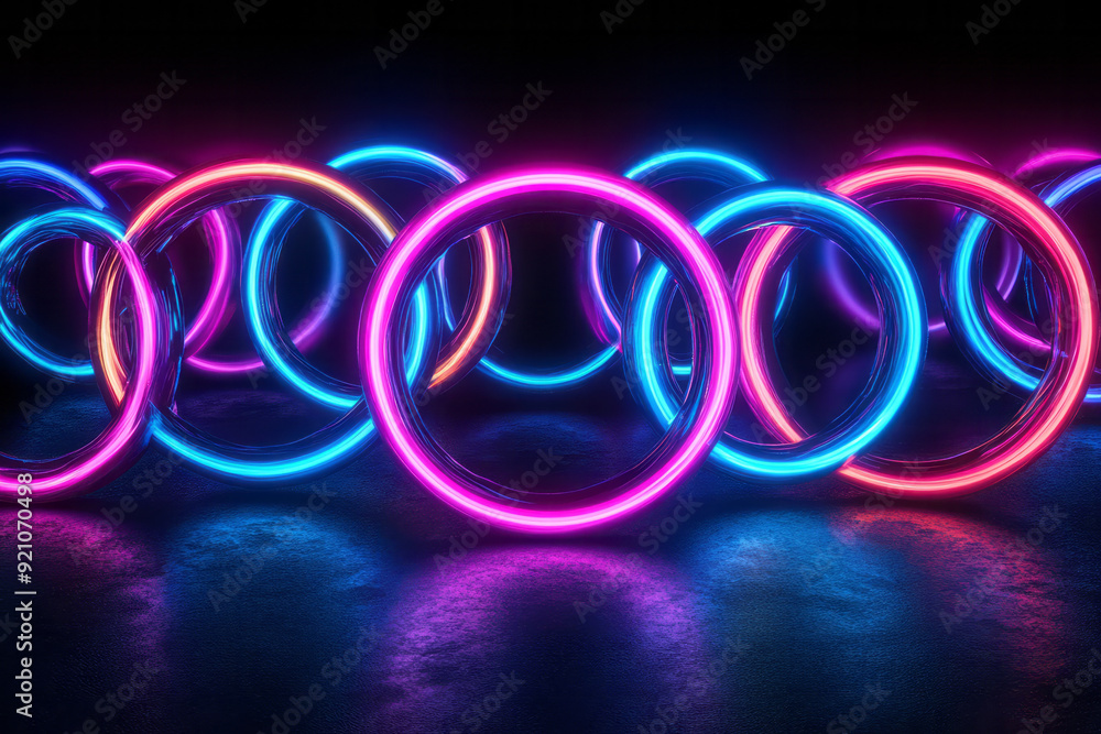Poster a symmetrical arrangement of small and large neon rings in cyan and magenta, floating against a jet-
