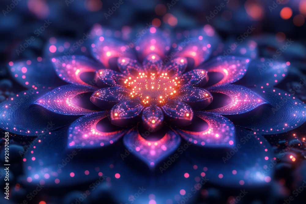 Poster neon cyan and magenta rings arranged in a symmetrical mandala pattern, glowing intensely against the
