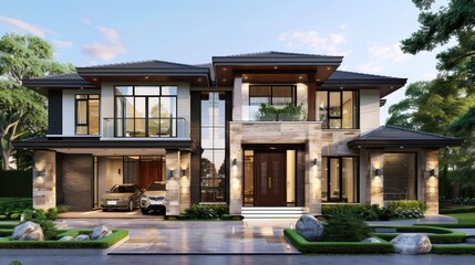 Fototapeta premium Modern two-story house with a large driveway and a lush green lawn. The house has a sleek, contemporary design with large windows and a stone facade.