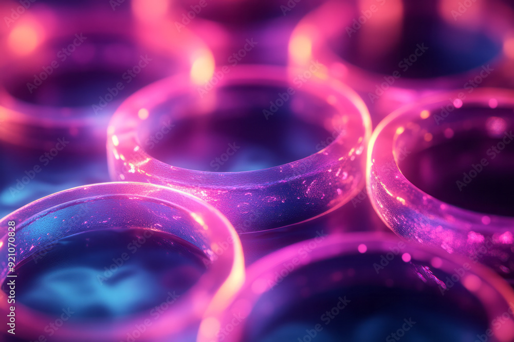 Aufkleber A dynamic composition of overlapping neon cyan and magenta circles, with soft gradients and glowing edges creating a vibrant, abstract pattern,