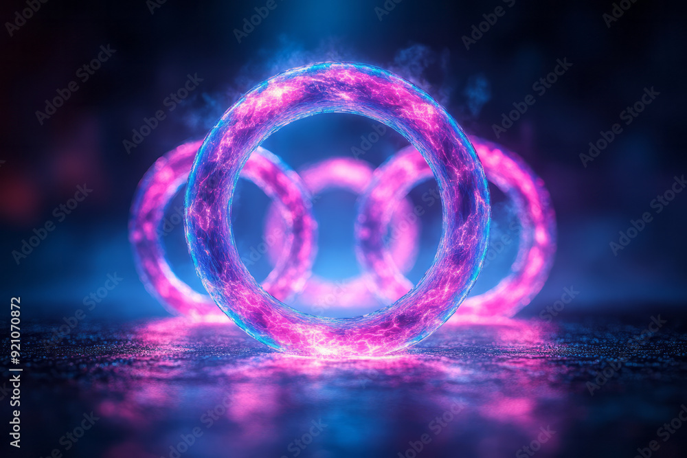 Aufkleber a symmetrical arrangement of small and large neon rings in cyan and magenta, floating against a jet-