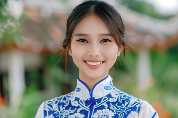 Smiling young Asian woman in traditional blue and white dress outdoors, exuding elegance and joy.