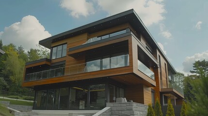 Fototapeta premium Modern wooden house with large windows and balcony, surrounded by lush green trees.