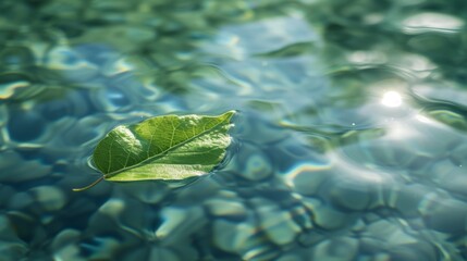 A single green leaf floating on the surface of clear water