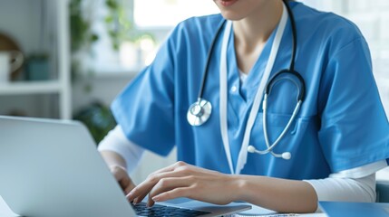 Portrait of a young female doctor or nurse in blue medical uniform sitting at the desk and working in medical office. Woman physician wearing stethoscope in clinic using laptop and typing