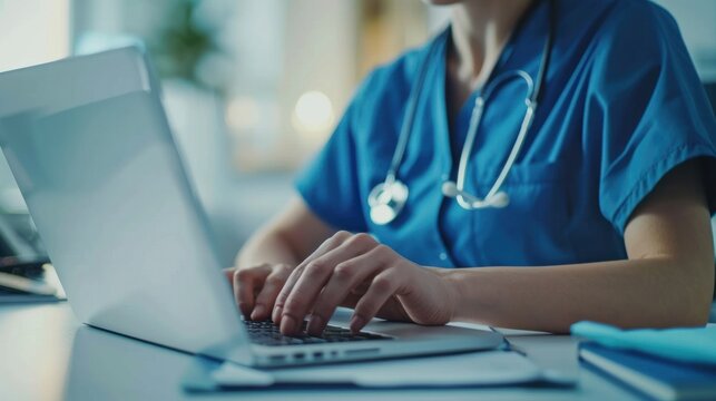 Portrait of a young female doctor or nurse in blue medical uniform sitting at the desk and working in medical office. Woman physician wearing stethoscope in clinic using laptop and typing