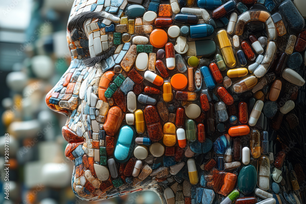 Poster A digital 3D body in profile view, with pills arranged to create a mosaic-like effect, emphasizing the shape and form,