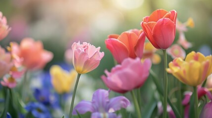 Obraz premium A collection of colorful spring flowers in full bloom, against a soft, blurred background
