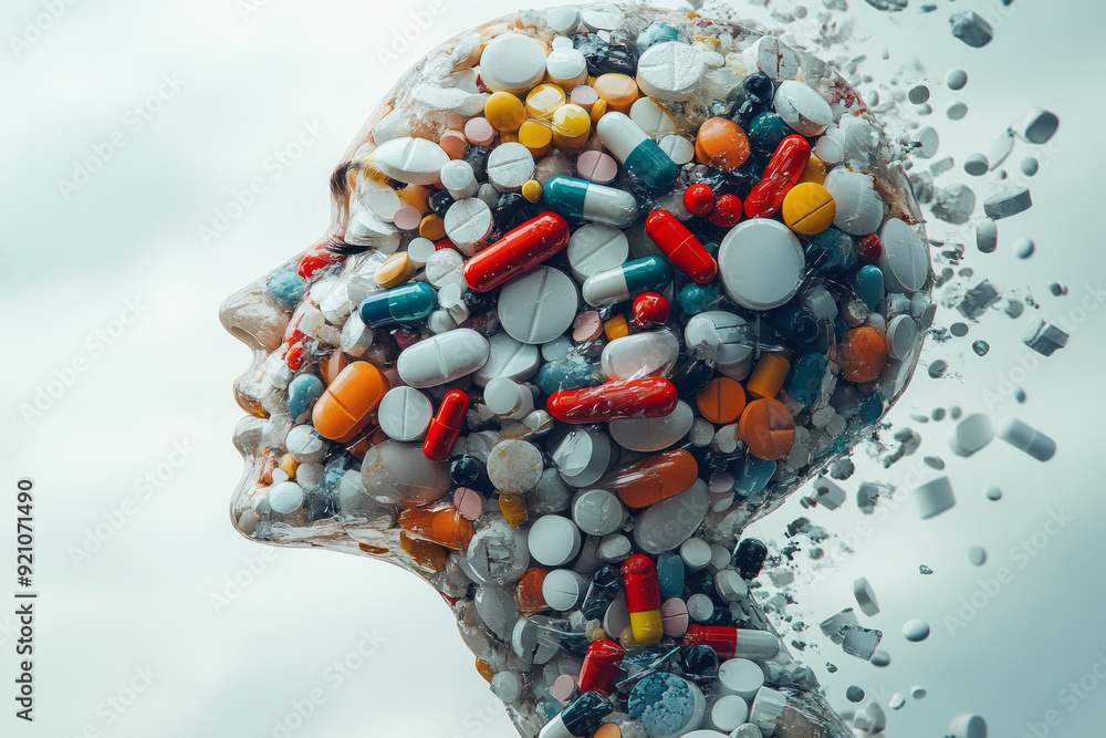 Poster A profile of a human figure in 3D, where pills form the skeletal structure, creating a striking, abstract composition,