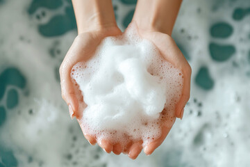 Female young hands with hygienic moisturizing foam over a full bathtub. Top view. Generative AI