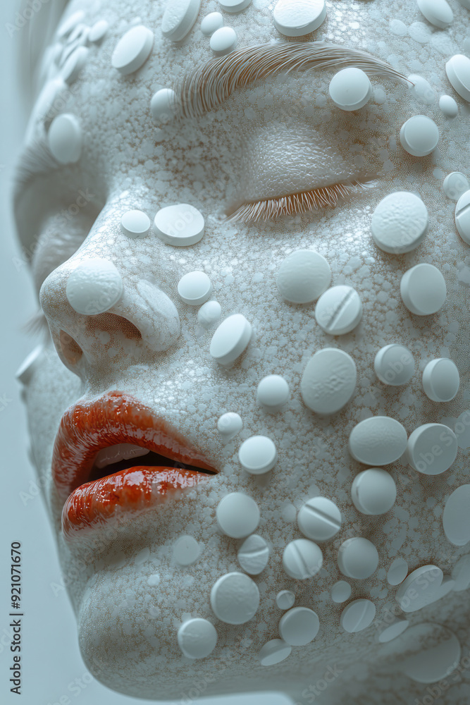 Poster A close-up 3D profile of a face, with each pill carefully placed to define the facial features and contours,
