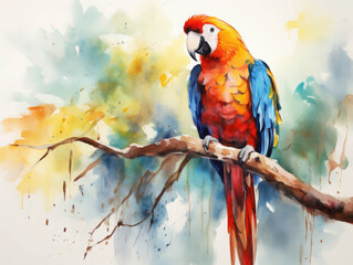 Fototapeta premium The Majestic Scarlet Macaw Perched Gracefully on a Tropical Branch Surrounded by Lush, Vivid Greenery and a Soft Watercolor Background