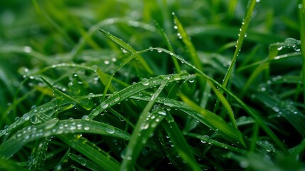 Fresh green grass with glistening raindrops