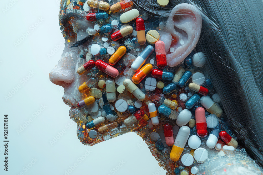 Aufkleber a digital 3d body in profile, with pills arranged to create a layered, almost pixelated effect, blur