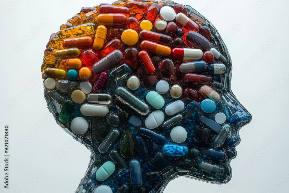 Aufkleber a side-view 3d silhouette of a human figure composed of pills, with the pills varying in color to cr