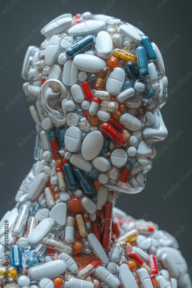 Poster a digital 3d profile where the pills are arranged to form the musculature of the body, emphasizing t