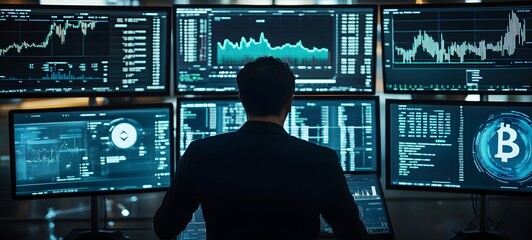 45. A person interacting with a sophisticated Bitcoin trading platform on multiple large screens