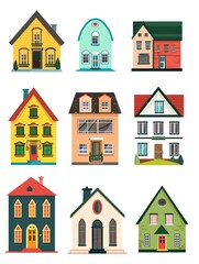 Fototapeta premium Abstract house big set. Flat colored city buildings, house exterior neighborhood icons. Vector isolated illustration