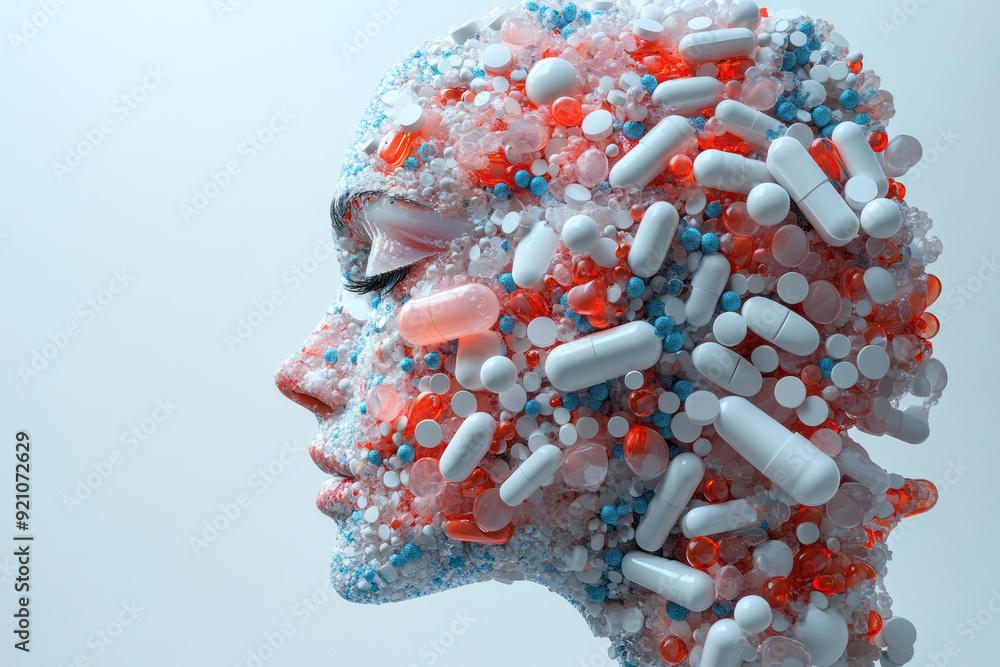 Poster a surreal 3d profile of a body made from pills, where the pills seem to flow and shift, creating a d