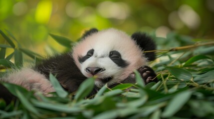 Obraz premium A cute baby panda peacefully sleeping on a bed of bamboo leaves