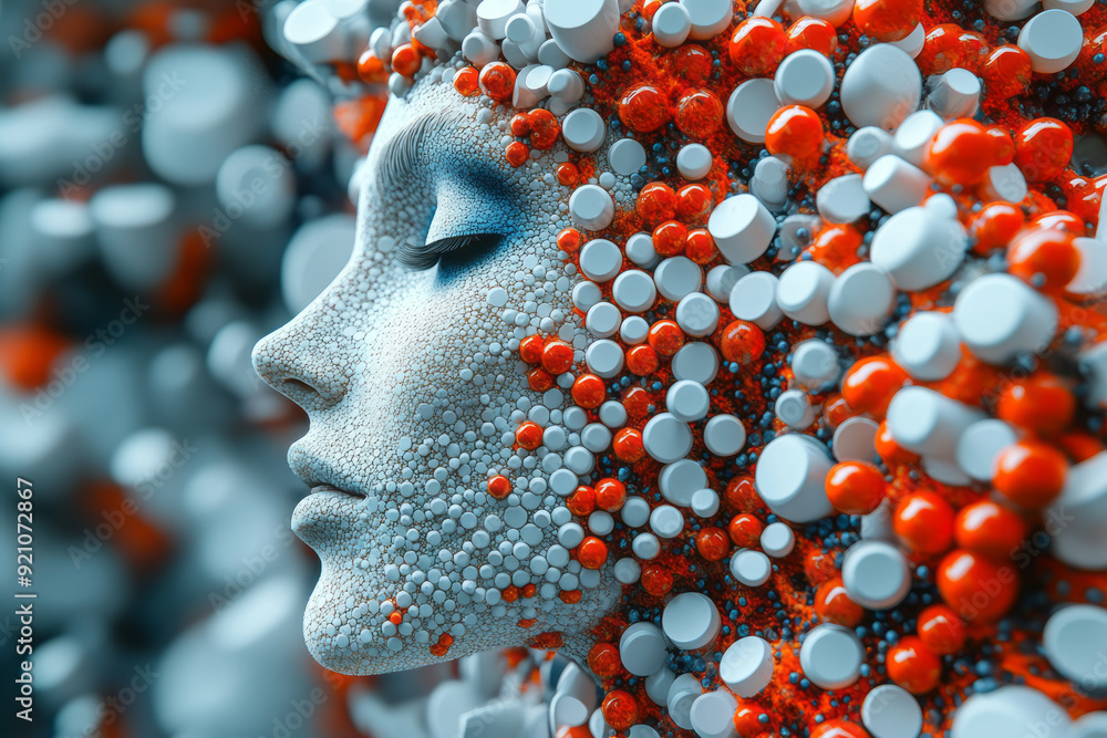 Poster a digital 3d body in profile view, with pills arranged in concentric circles, creating a hypnotic, s