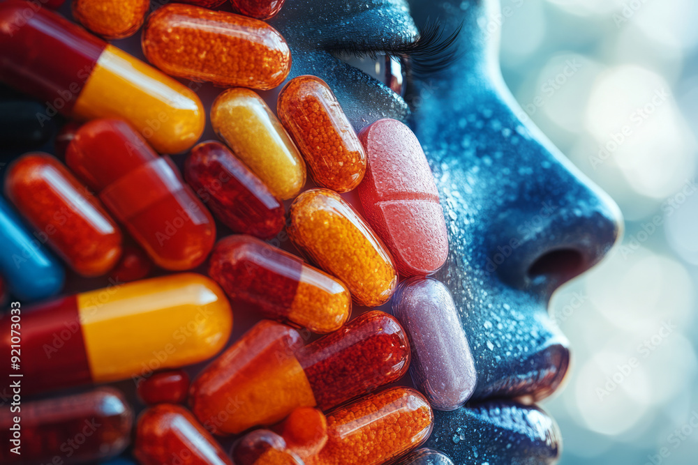 Poster a 3d-rendered profile where pills form a smooth, continuous surface, with the pills blending seamles