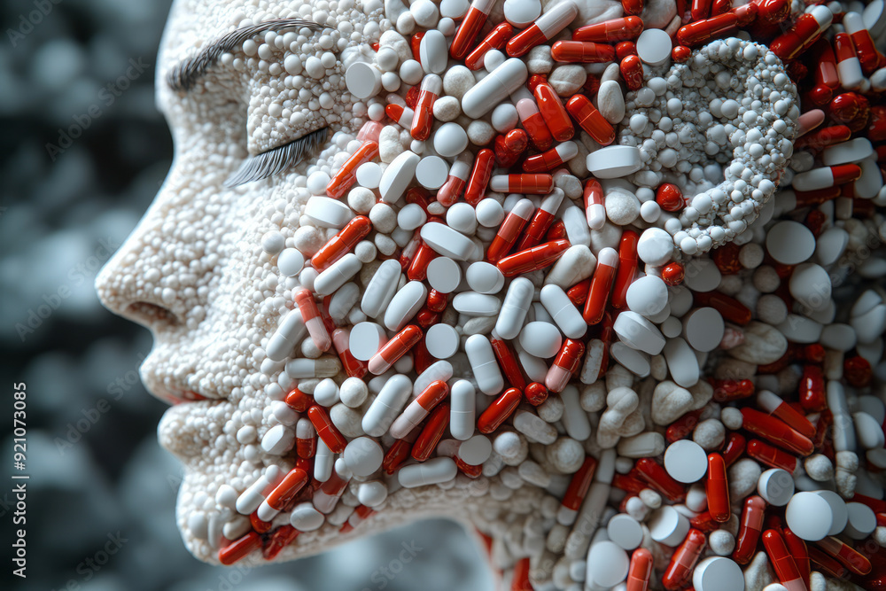 Poster A 3D-rendered profile where pills form a smooth, continuous surface, with the pills blending seamlessly to create the illusion of skin,