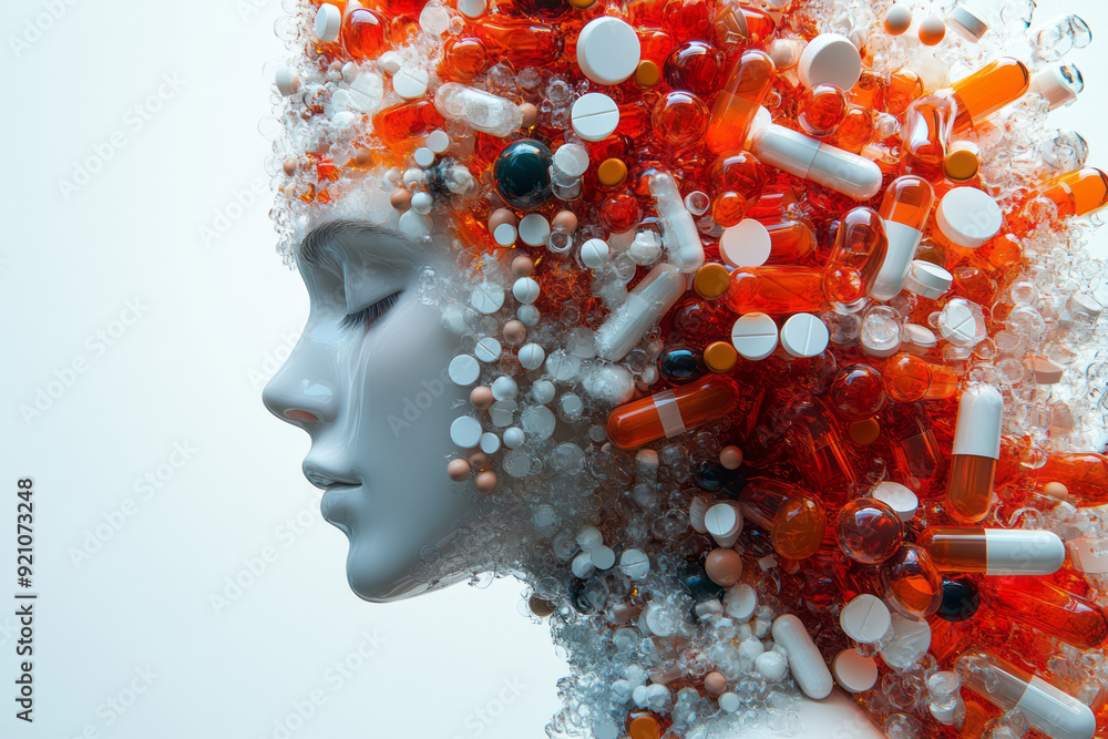 Fototapete A digital 3D profile of a body, with pills arranged in a gradient pattern, transitioning from dense to sparse as they move across the figure,