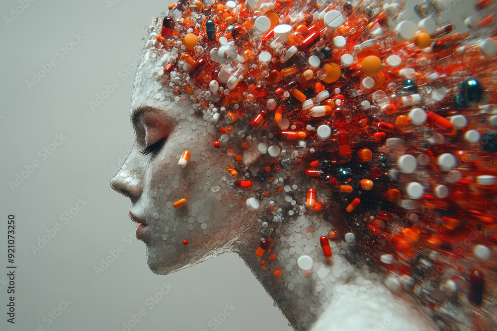 Poster a digital 3d silhouette of a body in profile, made entirely of pills, with each pill casting a soft 