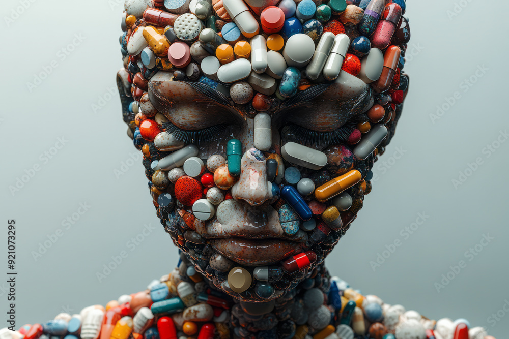 Poster a digital 3d silhouette of a body in profile, made entirely of pills, with each pill casting a soft 