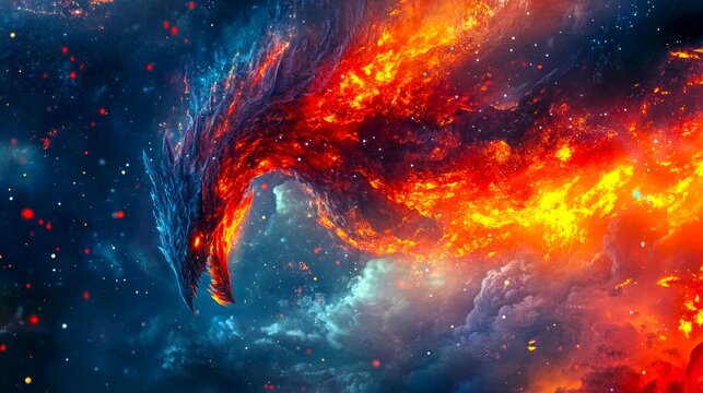 Vivid abstract digital artwork featuring a phoenix-like bird with fiery red and orange hues soaring through a cosmic atmosphere. Ideal for fantasy art enthusiasts and digital backgrounds. AI