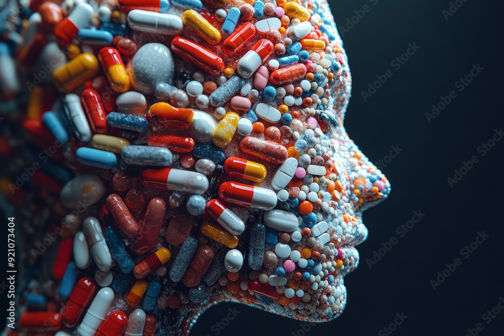 Poster a digital 3d silhouette of a body in profile, made entirely of pills, with each pill casting a soft 