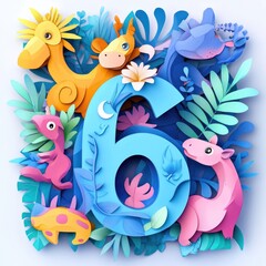 Paper cut style illustration, colorful 3D whimsical, text "6" made of cute animals