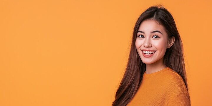 Portrait d'une belle femme eurasienne &acirc;g&eacute;e de 25 ans, heureuse et souriante, isol&eacute; sur un fond orange, espace de copie pour texte.