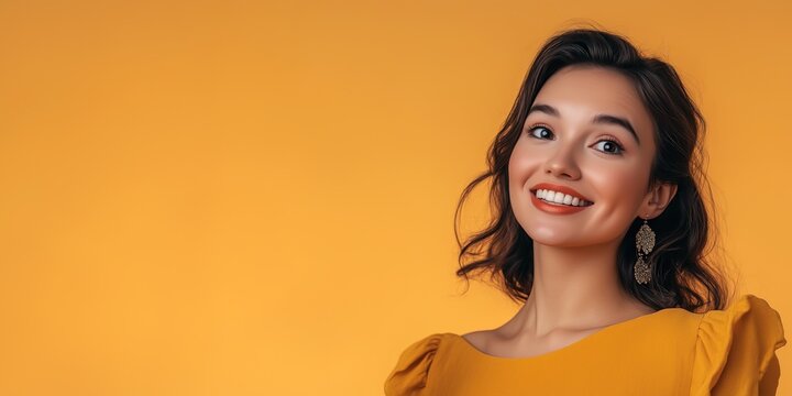 Portrait d'une belle femme eurasienne &acirc;g&eacute;e de 30 ans, heureuse et souriante, isol&eacute; sur un fond orange, espace de copie pour texte.