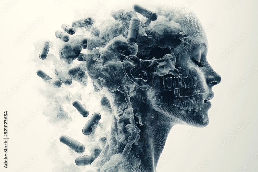 Poster a digital 3d body in profile, with pills forming the structure of the bones and joints, creating an 