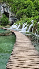 Wooden Pathway through Waterfalls at Plitvice Lakes National Park, Croatia