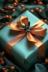 A festive gift box with a shiny bow, resting on a pastel mint background,