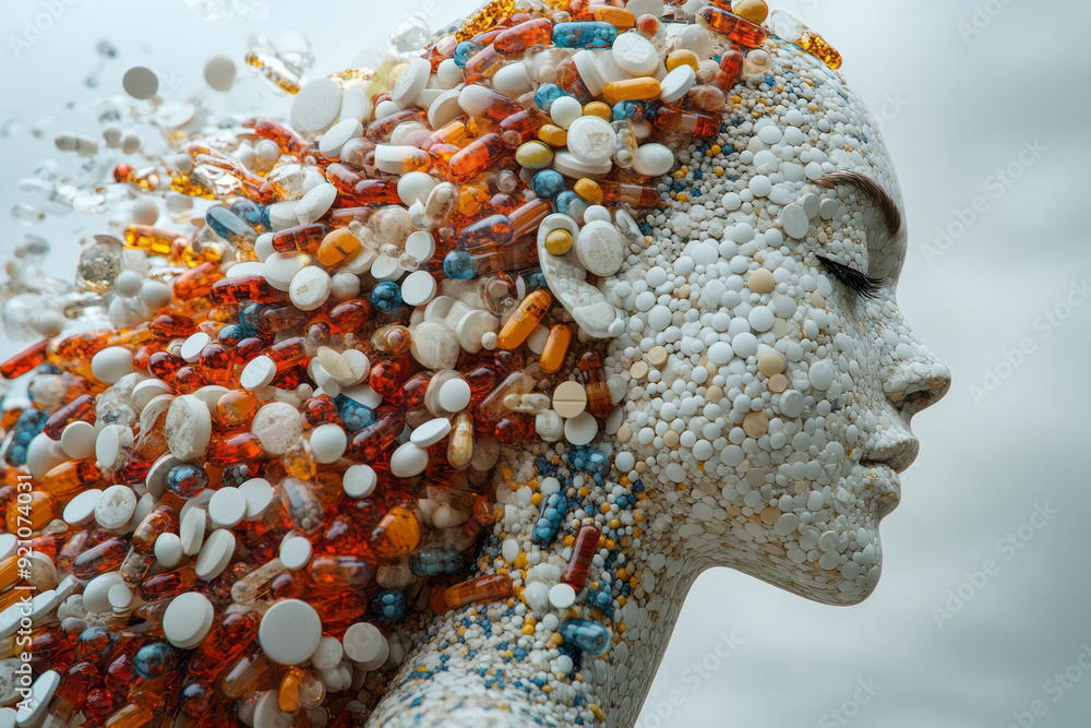 Poster A 3D-rendered profile of a human figure, where pills are arranged to create a smooth, flowing gradient from head to toe,