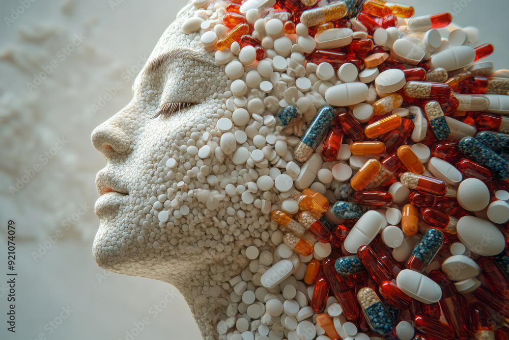 Poster A 3D-rendered profile of a human figure, where pills are arranged to create a smooth, flowing gradient from head to toe,