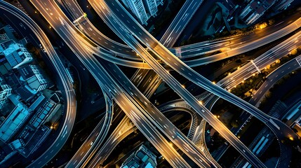 Aerial View of a Complex Highway Interchange at Night 