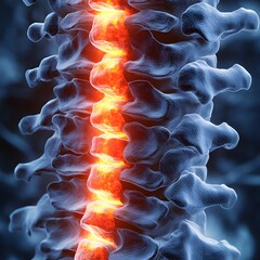 Herniated Disc: Illustrate a cross-section of the spine, showing a herniated disc pressing on nerves, with a glowing red area.