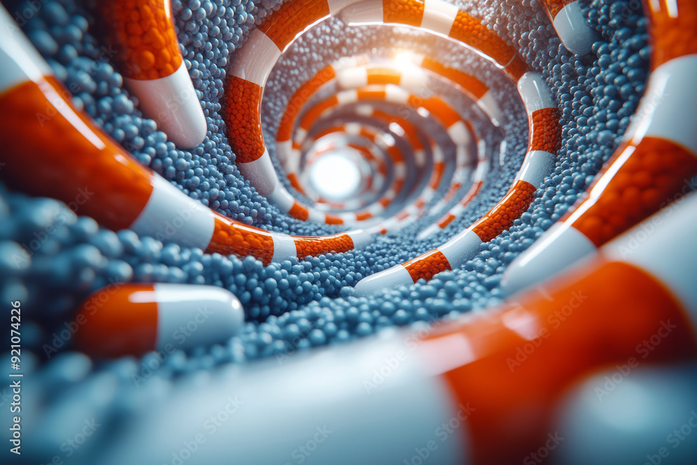 Poster A surreal 3D profile where pills are arranged to form a series of spirals and swirls, creating a dynamic, abstract composition,